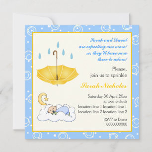 Sleeping baby boy sprinkle blue yellow invitation