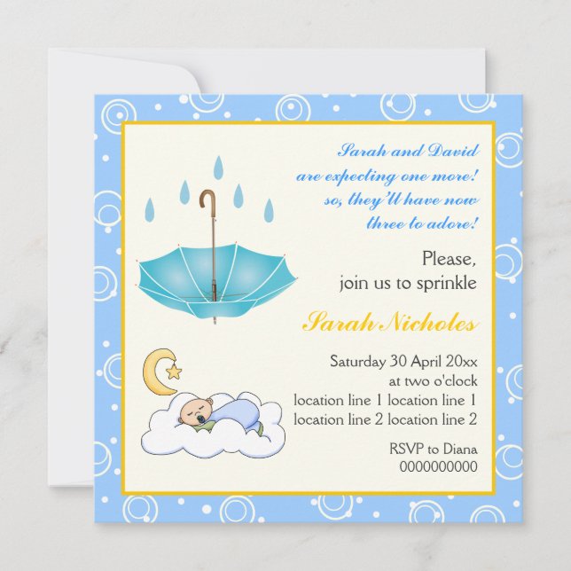 Sleeping baby boy sprinkle blue yellow invitation (Front)