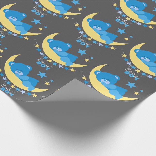 Sleeping Baby Boy Teddy Bear on Moon Pattern Wrapping Paper (Corner)