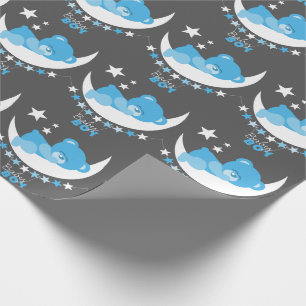 Sleeping Baby Boy Teddy Bear on Moon Pattern Wrapping Paper
