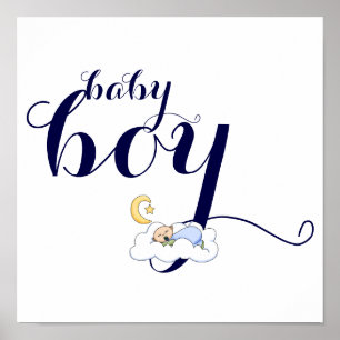 Sleeping baby boy typography blue, white nursery poster