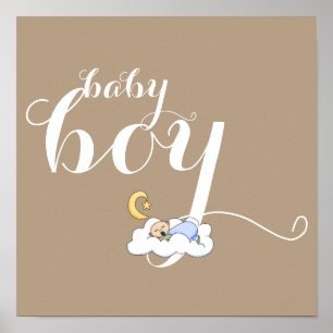Sleeping baby boy typography cute brown nursery poster