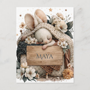 Sleeping Baby Bunny with Knitted Blanket and Name Postcard