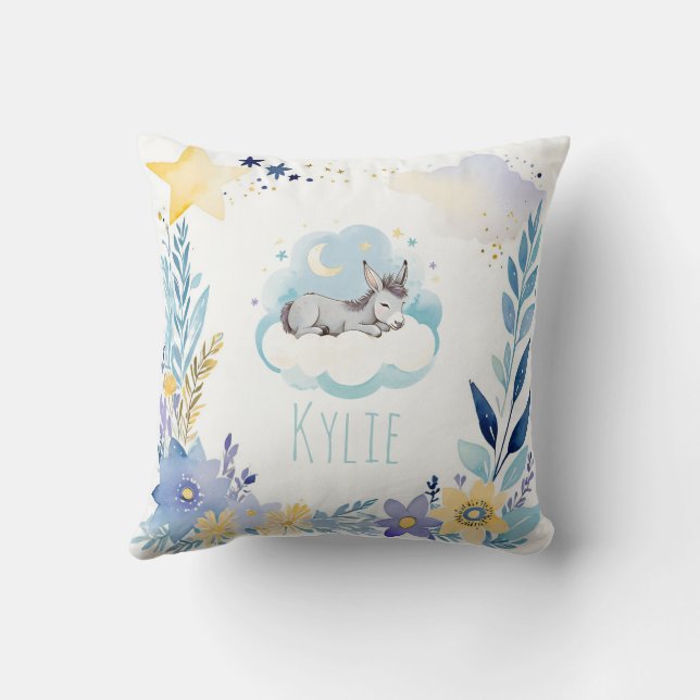 Sleeping Baby Donkey Boho Name Nursery Pillow (Back)