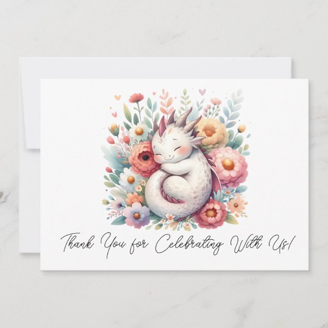 Sleeping Baby Dragon In A Bed Of Flowers Thank You Card (Front)