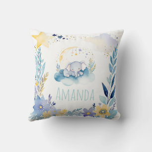 Sleeping Baby Elephant Boho Name Nursery Pillow