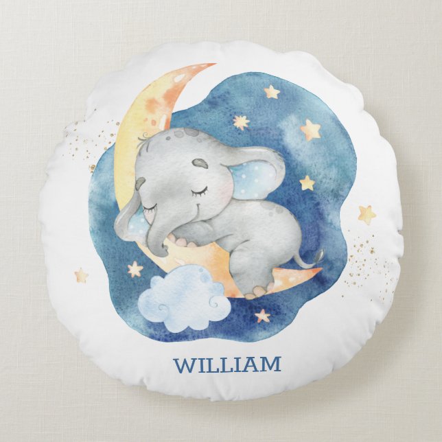 Sleeping Baby Elephant Moon Stars Boy Nursery Round Cushion (Front)