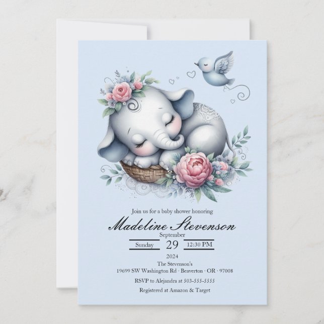 Sleeping Baby Elephant Themed Baby Shower  Invitation (Front)