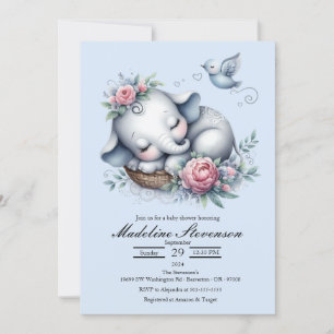 Sleeping Baby Elephant Themed Baby Shower Invitation