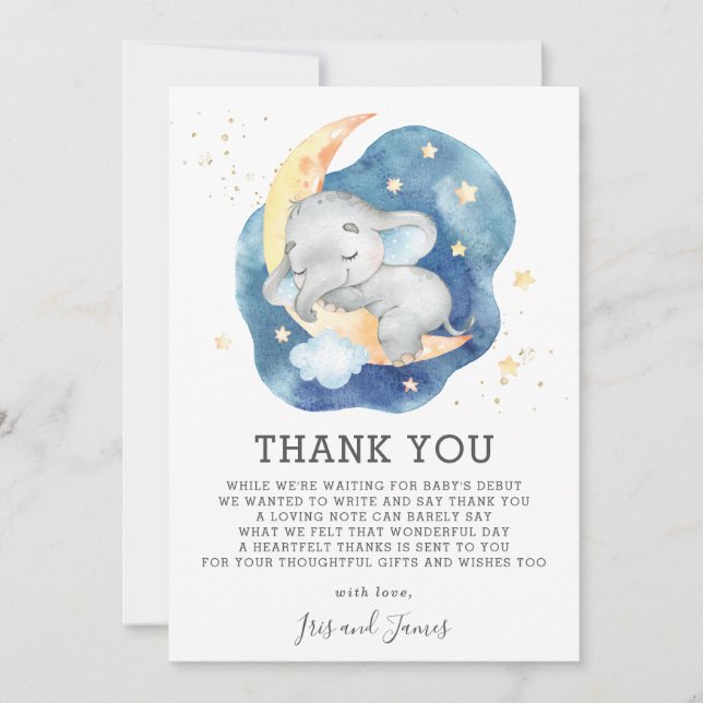 Sleeping Baby Elephant Twinkle Star Shower Boy Thank You Card (Front)