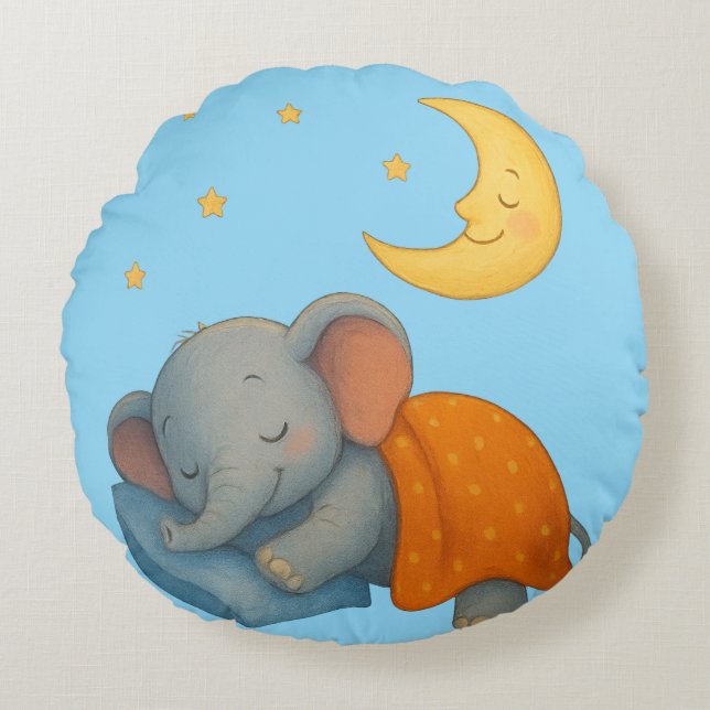 Sleeping Baby Elephant Under the Moon – Cute Dream Round Cushion (Front)