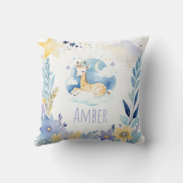 Sleeping Baby Giraffe Boho Name Nursery Pillow (Back)