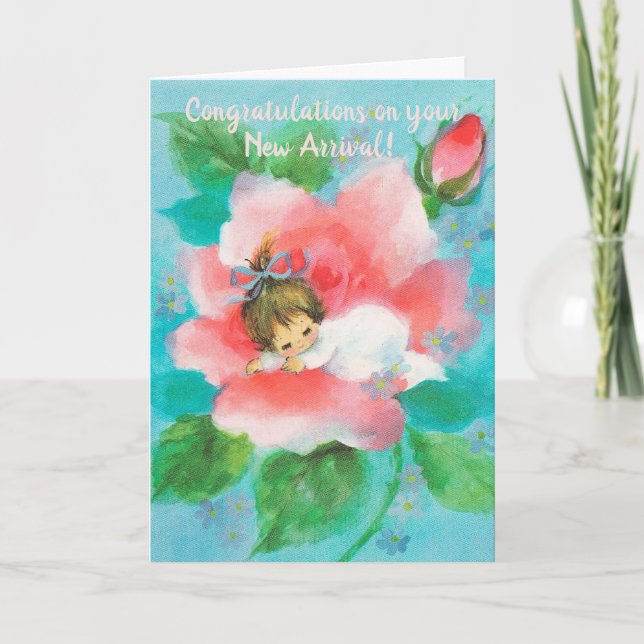 Sleeping Baby Girl In Rose New Baby Card (Front)