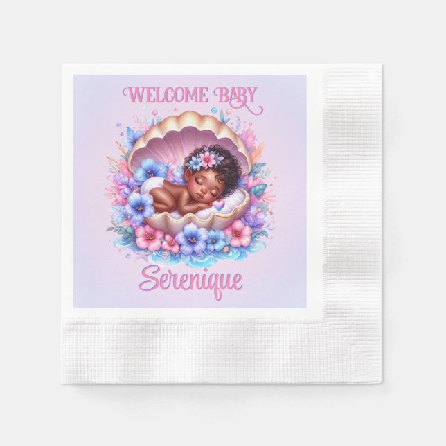 Sleeping Baby Girl in Seashell Floral Pastel Napkin (Front)