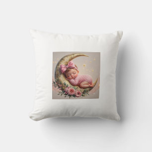 Sleeping Baby Girl on Golden Moon Cushion Pink F