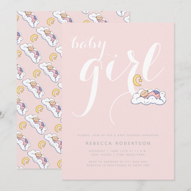 Sleeping baby girl shower blush pink  typography invitation (Front/Back)