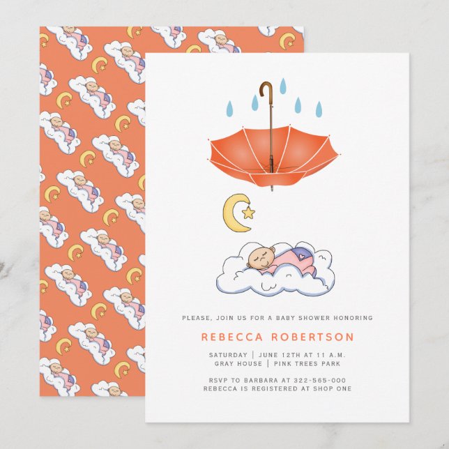 Sleeping baby girl shower coral umbrella invitation (Front/Back)