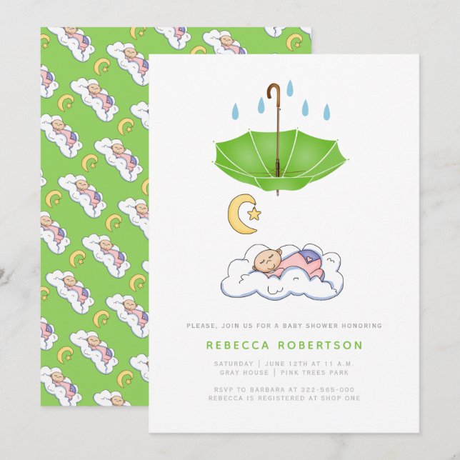 Sleeping baby girl shower green umbrella invitation (Front/Back)