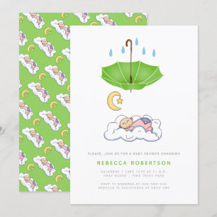 Sleeping baby girl shower green umbrella invitation