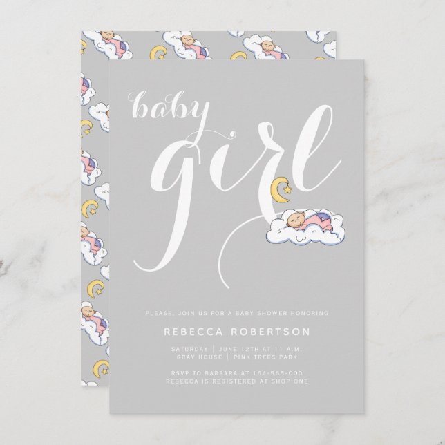 Sleeping baby girl shower grey elegant typography invitation (Front/Back)