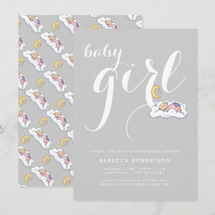 Sleeping baby girl shower grey elegant typography invitation