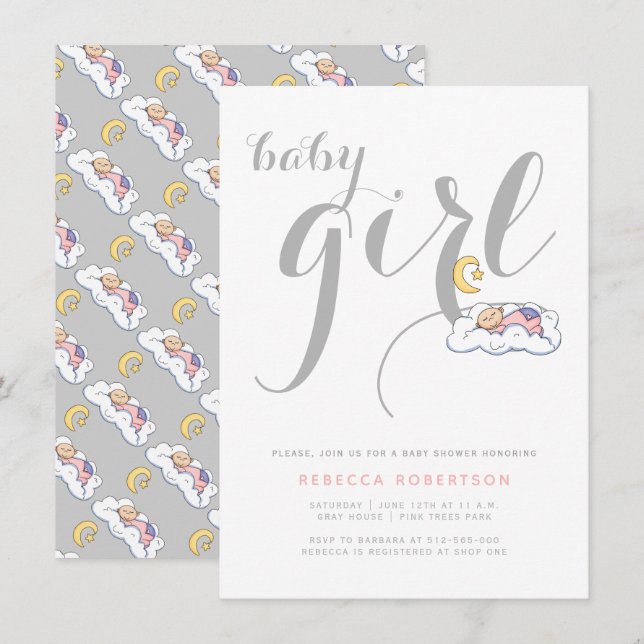 Sleeping baby girl shower grey minimal typography invitation (Front/Back)