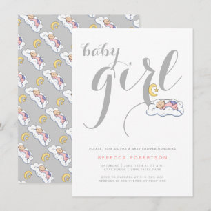 Sleeping baby girl shower grey minimal typography invitation