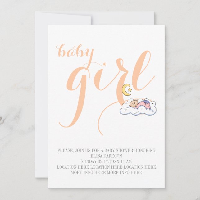 Sleeping baby girl shower peach text minimal invitation (Front)