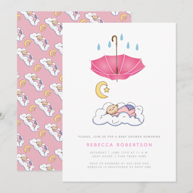 Sleeping baby girl shower pink umbrella cute invitation (Front/Back)