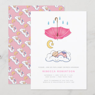Sleeping baby girl shower pink umbrella cute invitation