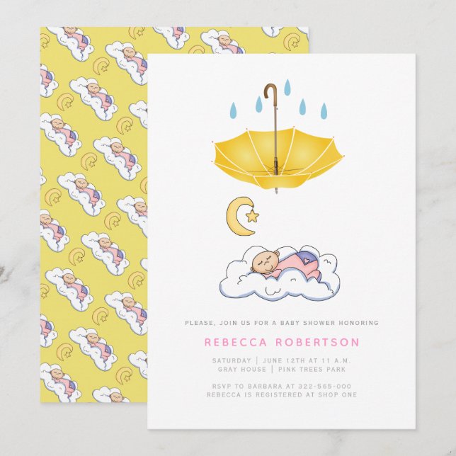 Sleeping baby girl shower yellow umbrella invitation (Front/Back)