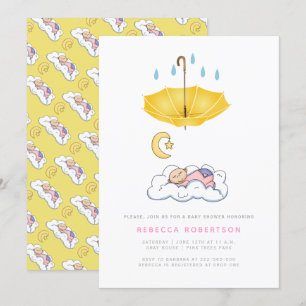 Sleeping baby girl shower yellow umbrella invitation