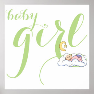 Sleeping baby girl typography cute green nursery poster