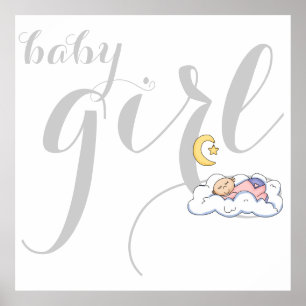 Sleeping baby girl typography grey, white nursery poster