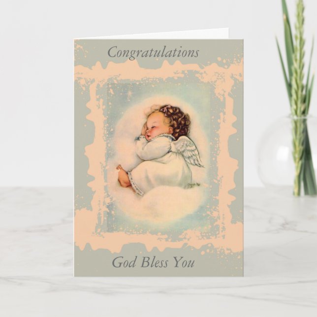 Sleeping Baby Guardian Angel Blue Peach Card (Front)