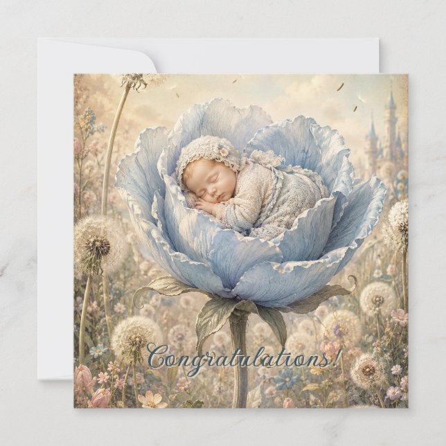 Sleeping baby in blue flower Congratulations Card (Front)