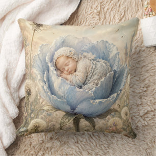 Sleeping baby in blue flower  cushion