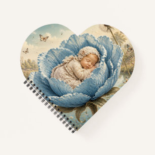 Sleeping baby in blue flower notebook