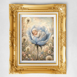 Sleeping baby in blue flower poster