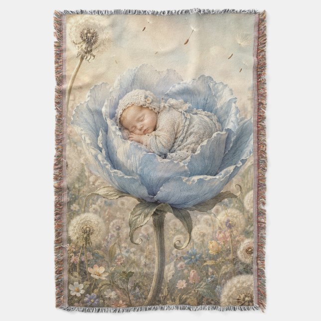 Sleeping baby in blue flower  throw blanket (Front Vertical)