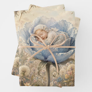 Sleeping baby in blue flower with dandelions wrapping paper sheet