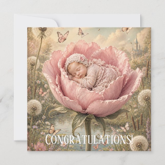Sleeping baby in pink flower Congratulations (Front)