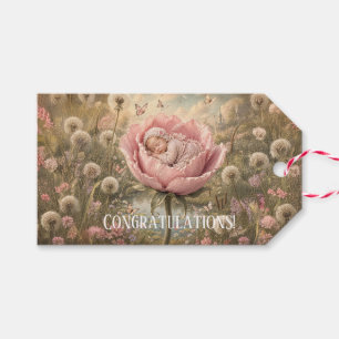 Sleeping baby in pink flower Congratulations Gift Tags