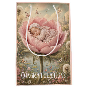 Sleeping baby in pink flower Congratulations Medium Gift Bag