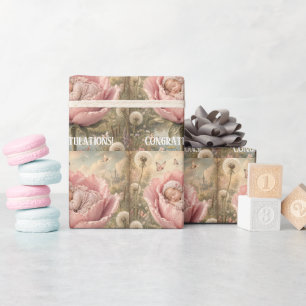 Sleeping baby in pink flower Congratulations Wrapping Paper