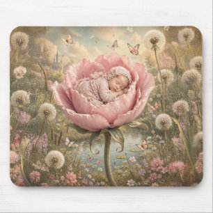 Sleeping baby in pink flower mouse mat