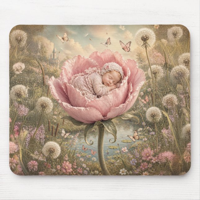 Sleeping baby in pink flower  mouse mat (Front)