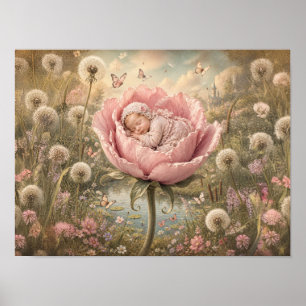Sleeping baby in pink flower poster