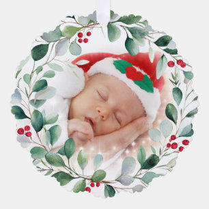 Sleeping Baby in Santa Hat with Holiday Wreath Tree Decoration Card