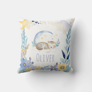 Sleeping Baby Leopard Boho Name Nursery Pillow